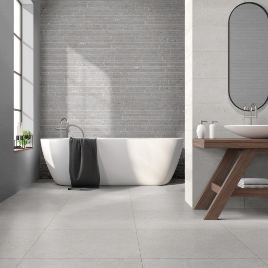 Vintage bathroom 3d rendering image,There are wood floor,white brick and gray tile wall ,Decorate with wooden basin table,The room has large windows. Sunlight shining into the room.